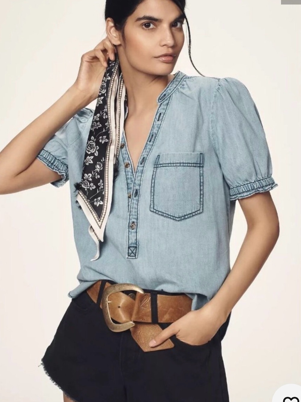 Pilcro Light Blue Denim Button-Front Puff Sleeve Shirt
